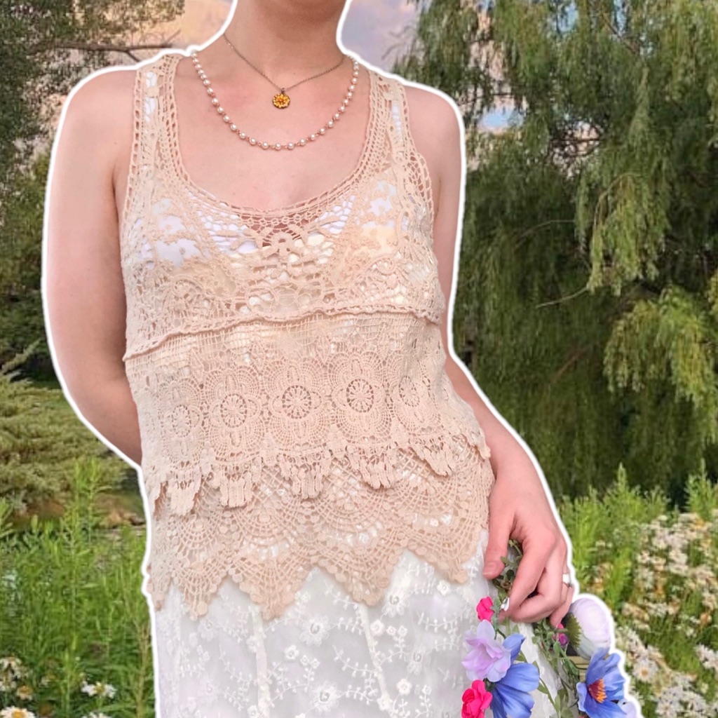 True Vintage Y2k Eyeshadow Tiers Of Ivory Lace Racerback Tank Top, Size S